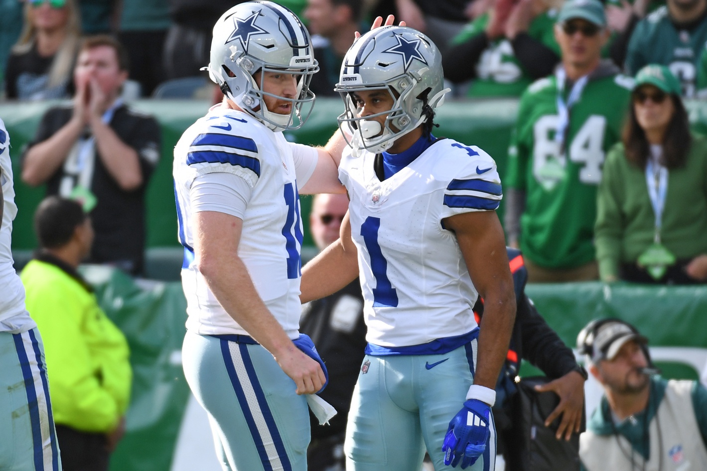 Dec 29, 2024; Philadelphia, Pennsylvania, USA; Dallas Cowboys wide receiver Jalen Tolbert (1) celebrates his touchdown catch with quarterback Cooper Rush (10) against the Philadelphia Eagles during the first quarter at Lincoln Financial Field. Mandatory Credit: Eric Hartline-Imagn Images