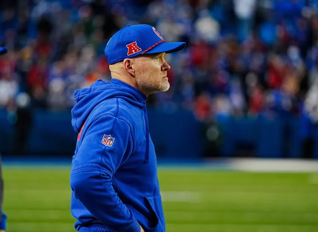 Buffalo Bills head coach Sean McDermott watches his team during second half action at the Bills home game against the New York Jets at Highmark Stadium in Orchard Park on Dec. 29, 2024. © Tina MacIntyre-Yee/Democrat and Chronicle / USA TODAY NETWORK via Imagn Images