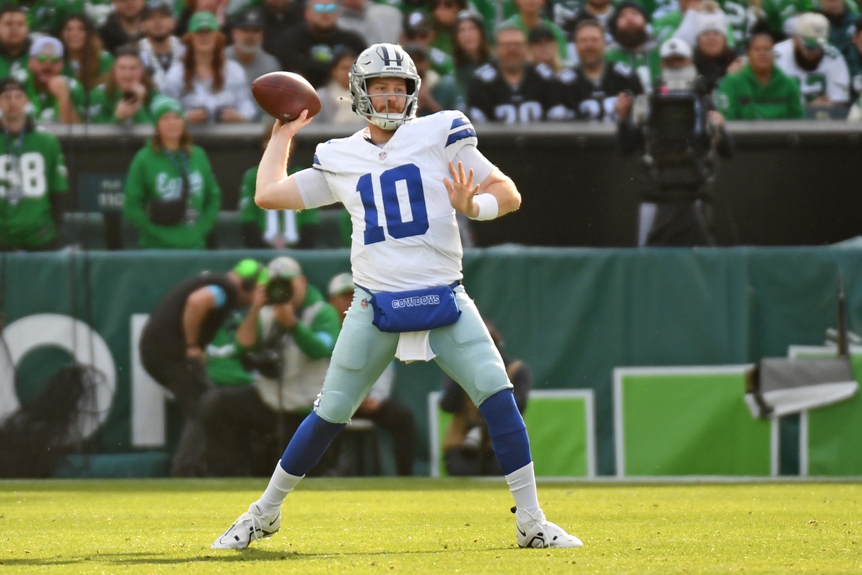 Dec 29, 2024; Philadelphia, Pennsylvania, USA; Dallas Cowboys quarterback Cooper Rush (10) throws a pass against the Philadelphia Eagles at Lincoln Financial Field. Mandatory Credit: Eric Hartline-Imagn Images