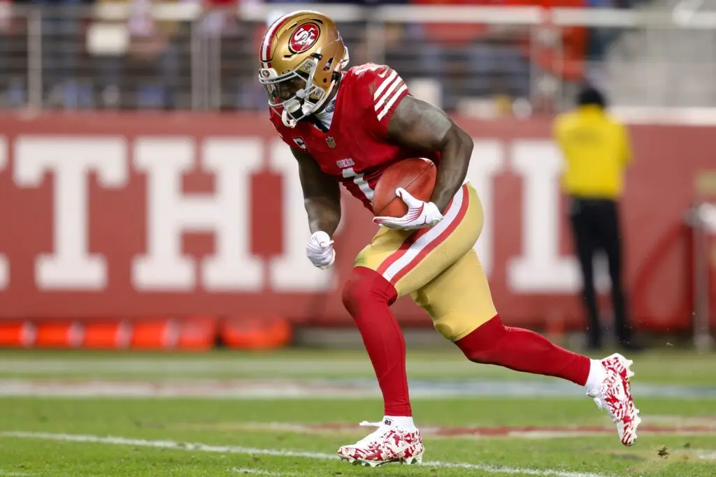 Dec 30, 2024; Santa Clara, California, USA; San Francisco 49ers wide receiver Deebo Samuel Sr. (1) during the game against the Detroit Lions at Levi's Stadium. Mandatory Credit: Sergio Estrada-Imagn Images