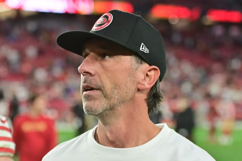 Jan 5, 2025; Glendale, Arizona, USA; San Francisco 49ers head coach Kyle Shanahan looks on after losing to the Arizona Cardinals at State Farm Stadium. Mandatory Credit: Matt Kartozian-Imagn Images