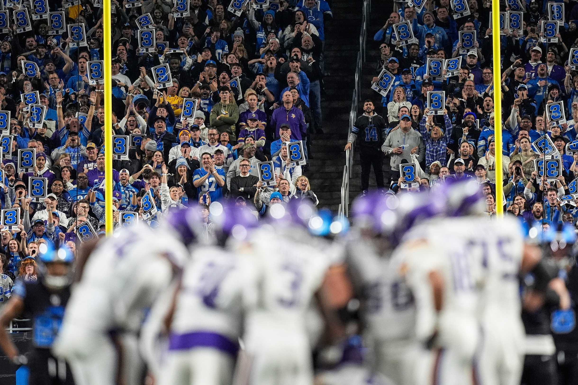 Detroit Lions fans cheer against Minnesota Vikings before a third down during the second half at Ford Field in Detroit on Sunday, Jan. 5, 2025. © Junfu Han / USA TODAY NETWORK via Imagn Images