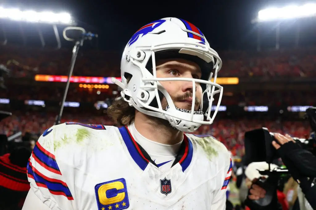 Jan 26, 2025; Kansas City, MO, USA; Buffalo Bills quarterback Josh Allen (17) walks off the field after the AFC Championship game against the Kansas City Chiefs at GEHA Field at Arrowhead Stadium. Mandatory Credit: Mark J. Rebilas-Imagn Images