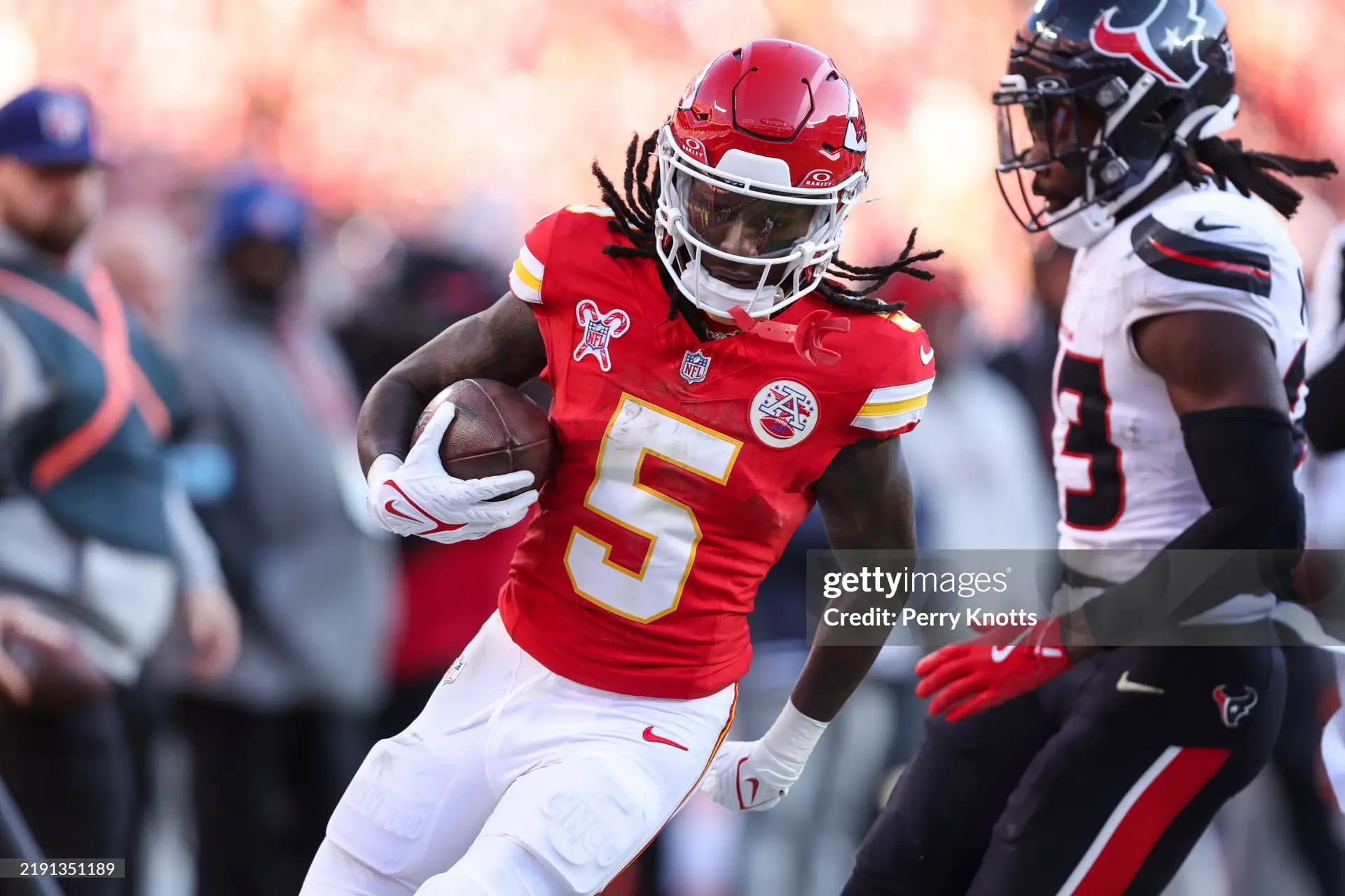 KANSAS CITY, MISSOURI - DECEMBER 21: Hollywood Brown #5 of the Kansas City Chiefs runs the ball during an NFL football game against the Houston Texans at GEHA Field at Arrowhead Stadium on December 21, 2024 in Kansas City, Missouri. (Photo by Perry Knotts/Getty Images)