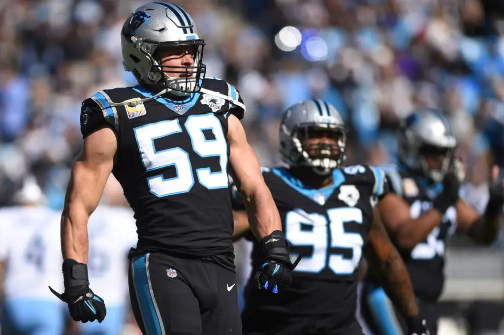 Nov 3, 2019; Charlotte, NC, USA; Carolina Panthers middle linebacker Luke Kuechly (59) reacts in the first quarter at Bank of America Stadium. Mandatory Credit: Bob Donnan-Imagn Images