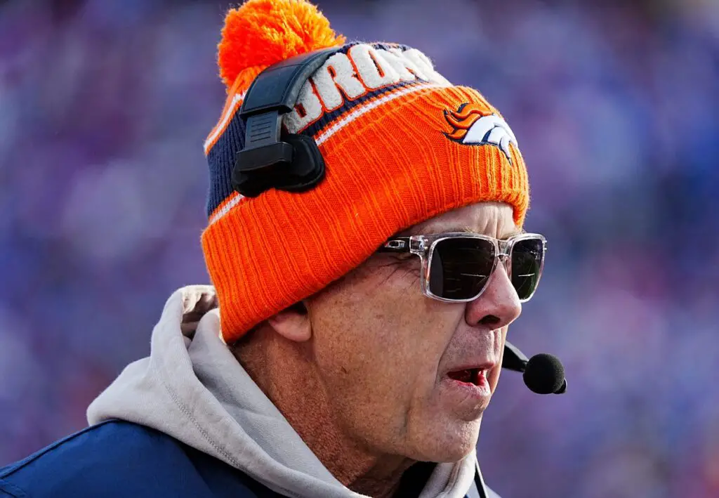 Denver Broncos head coach Sean Payton walks the sidelines during the second half of the Buffalo Bills wild card game against the Denver Broncos 