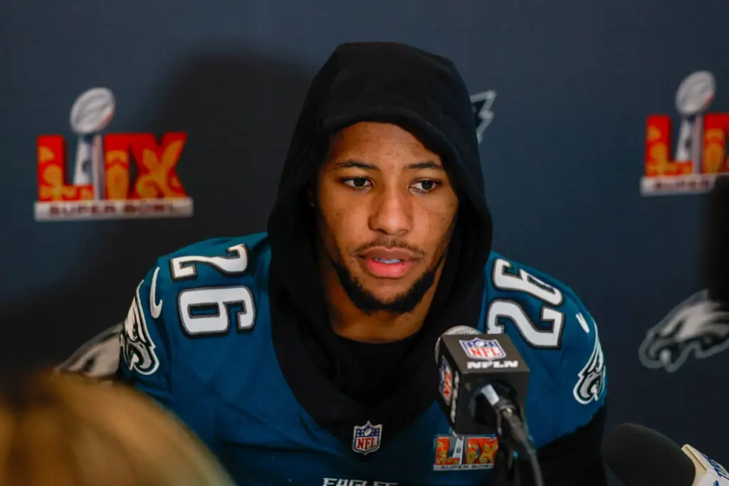 Feb 6, 2025; New Orleans, LA, USA; Philadelphia Eagles running back Saquon Barkley (26) during a press conference in advance of Super Bowl LIX at New Orleans Marriott. Mandatory Credit: Stephen Lew-Imagn Images