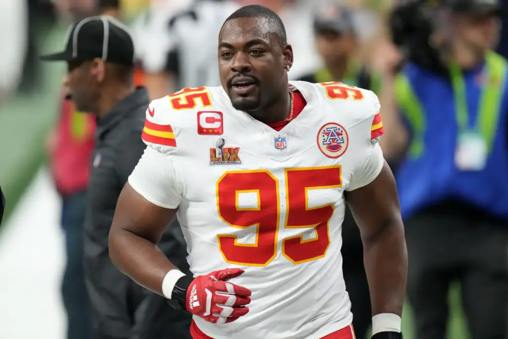 Feb 9, 2025; New Orleans, LA, USA; Kansas City Chiefs defensive tackle Chris Jones (95) takes the field before Super Bowl LIX against the Philadelphia Eagles at Caesars Superdome. Mandatory Credit: Kirby Lee-Imagn Images