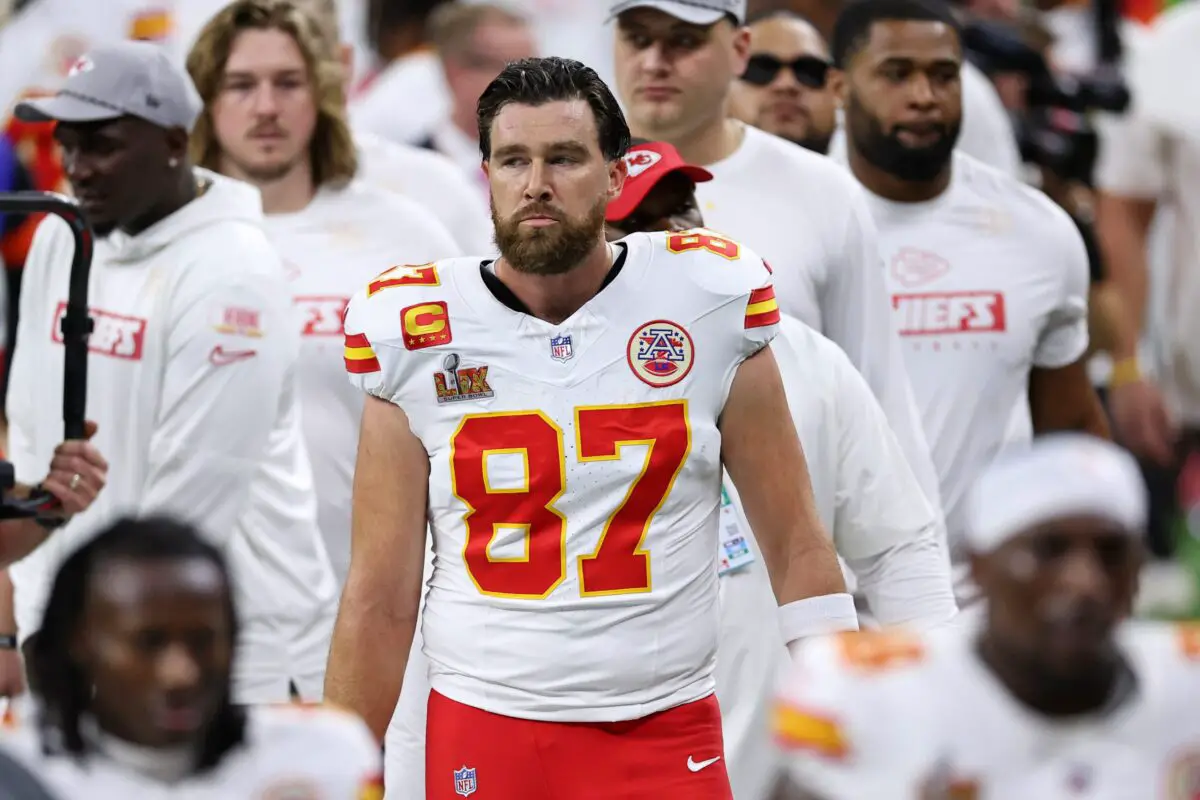 Feb 9, 2025; New Orleans, LA, USA; Kansas City Chiefs tight end Travis Kelce (87) looks on before Super Bowl LIX between the Philadelphia Eagles and the Kansas City Chiefs at Caesars Superdome. Mandatory Credit: Bill Streicher-Imagn Images