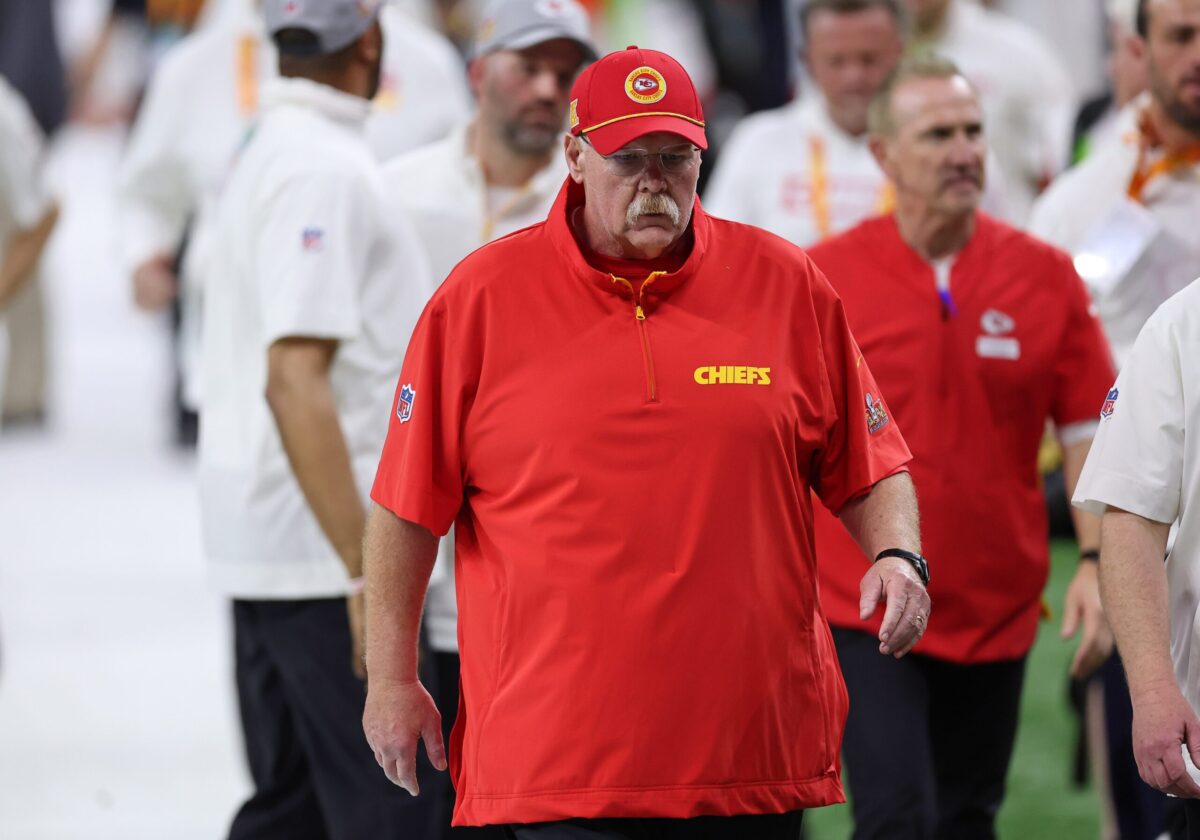 Feb 9, 2025; New Orleans, LA, USA; Kansas City Chiefs head coach Andy Reid on the sideline before Super Bowl LIX between the Philadelphia Eagles and the Kansas City Chiefs at Caesars Superdome. Mandatory Credit: Bill Streicher-Imagn Images