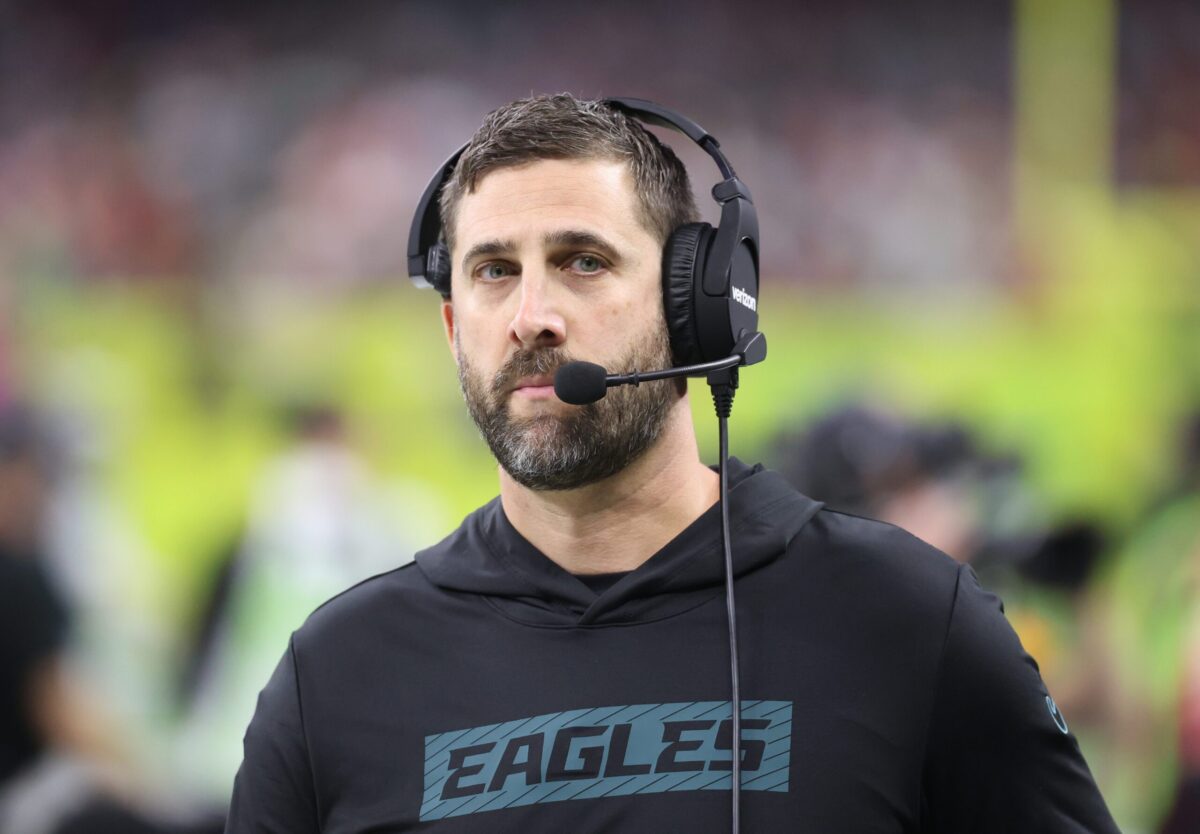 Feb 9, 2025; New Orleans, LA, USA; Philadelphia Eagles head coach Nick Sirianni reacts in Super Bowl LIX against the Kansas City Chiefs at Ceasars Superdome. Mandatory Credit: Mark J. Rebilas-Imagn Images