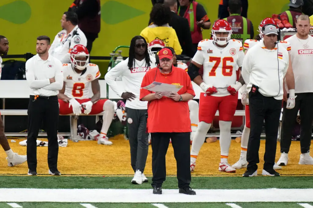 Feb 9, 2025; New Orleans, LA, USA; Kansas City Chiefs head coach Andy Reid during the second quarter against he Philadelphia Eagles in Super Bowl LIX at Caesars Superdome. Mandatory Credit: Kirby Lee-Imagn Images