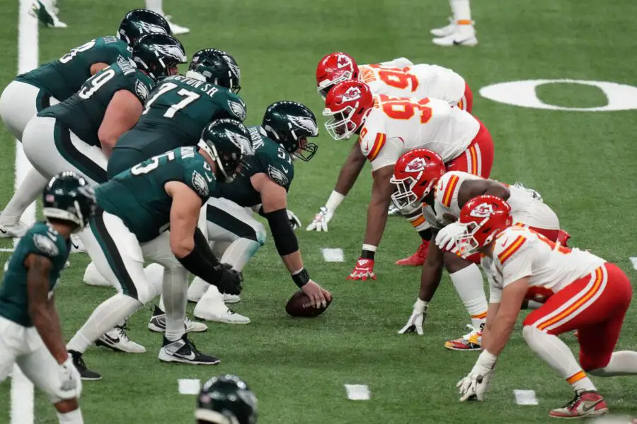 Eagles' Howie Roseman's behind-the-scenes quip to Falcons trade 2 Feb 9, 2025; New Orleans, LA, USA; Philadelphia Eagles center Cam Jurgens (51) gets ready to snap the ball against the Kansas City Chiefs defense during the second quarter in Super Bowl LIX at Caesars Superdome. Mandatory Credit: Kirby Lee-Imagn Images