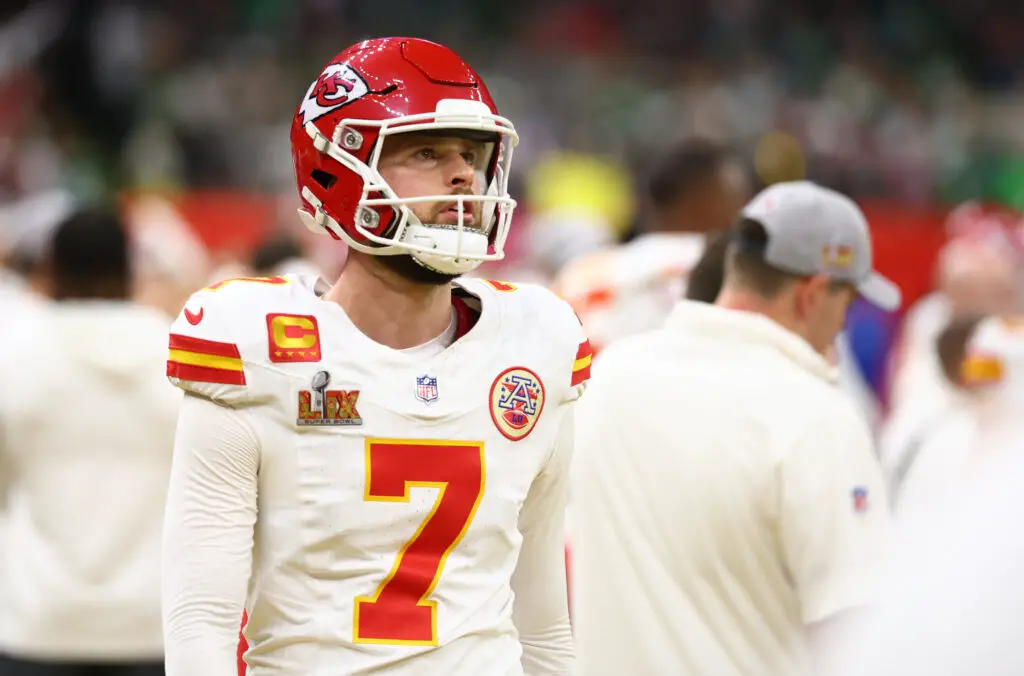 Feb 9, 2025; New Orleans, LA, USA; Kansas City Chiefs place kicker Harrison Butker (7) reacts from the sideline in the fourth quarter against the Philadelphia Eagles in Super Bowl LIX at Ceasars Superdome. Mandatory Credit: Mark J. Rebilas-Imagn Images