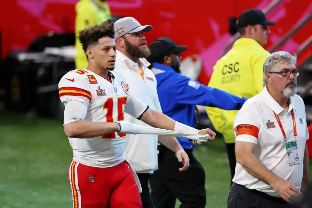 Feb 9, 2025; New Orleans, LA, USA; Kansas City Chiefs quarterback Patrick Mahomes (15) walks off the field after losing against the Philadelphia Eagles in Super Bowl LIX at Caesars Superdome. Mandatory Credit: Bill Streicher-Imagn Images