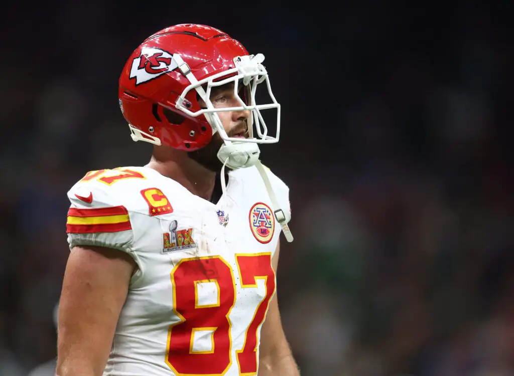 Feb 9, 2025; New Orleans, LA, USA; Kansas City Chiefs tight end Travis Kelce (87) reacts in the fourth quarter against the Philadelphia Eagles in Super Bowl LIX at Ceasars Superdome. Mandatory Credit: Mark J. Rebilas-Imagn Images