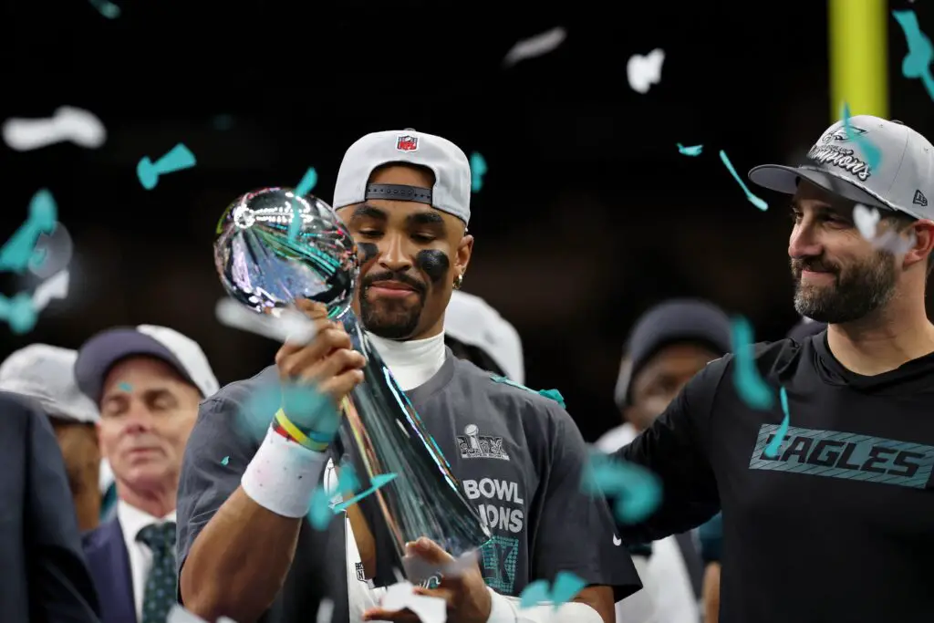 Feb 9, 2025; New Orleans, LA, USA; Philadelphia Eagles quarterback Jalen Hurts (1) celebrates with head coach Nick Sirianni after winning against Kansas City Chiefs in Super Bowl LIX at Caesars Superdome. Mandatory Credit: Geoff Burke-Imagn Images