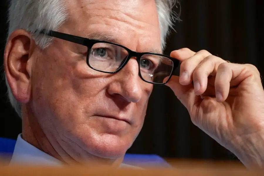 Sen. Tommy Tuberville (R-Alabama) listens during the Senate Armed Services hearing to examine the nomination of Admiral Lisa Franchetti, United States Navy, for reappointment to the grade of admiral and to be Chief of Naval Operations, Department of Defense.