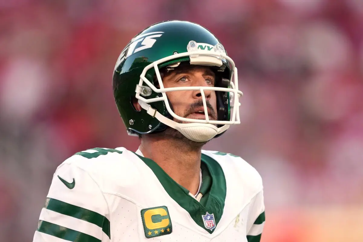 Sep 9, 2024; Santa Clara, California, USA; New York Jets quarterback Aaron Rodgers (8) during the second quarter against the San Francisco 49ers at Levi's Stadium. Mandatory Credit: Darren Yamashita-Imagn Images