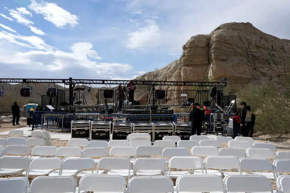 Production crew members dismantle the signs and equipment set up after the Chuckwalla National Monument designation event with President Joe Biden was canceled due to dangerous wind conditions in eastern Riverside County near Mecca, Calif., on Tuesday, Jan. 7, 2025. © Taya Gray/The Desert Sun / USA TODAY NETWORK via Imagn Images Donald Trump