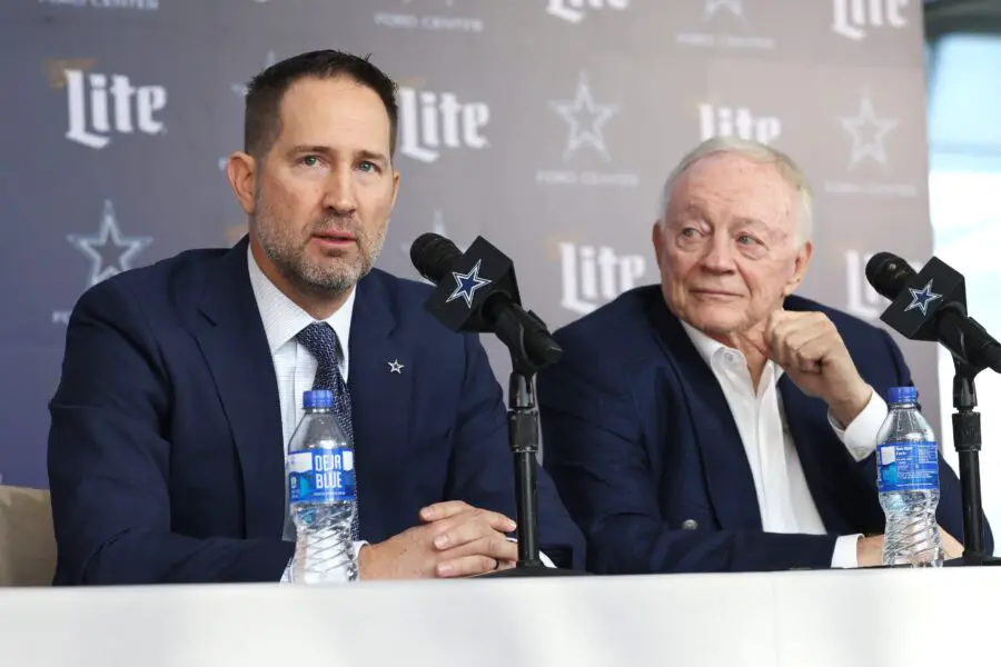 Jan 27, 2025; Frisco, TX, USA; Dallas Cowboys Head Coach Brian Schottenheimer and owner Jerry Jones speak to the media at a press conference at the Star. Mandatory Credit: Tim Heitman-Imagn Images