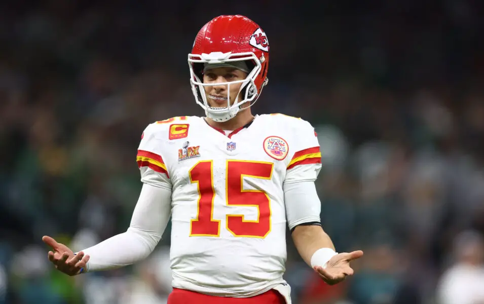 Feb 9, 2025; New Orleans, LA, USA; Kansas City Chiefs quarterback Patrick Mahomes (15) reacts in the fourth quarter against the Philadelphia Eagles in Super Bowl LIX at Ceasars Superdome. Mandatory Credit: Mark J. Rebilas-Imagn Images