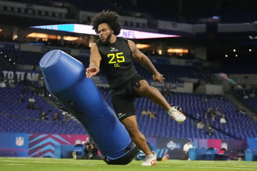 Clemson defensive lineman Payton Page (DL25) participates in drills during the 2025 NFL Combine at Lucas Oil Stadium