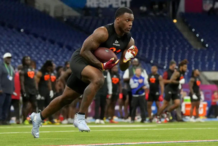 outhern California running back Woody Marks (RB21) during the 2025 NFL Combine at Lucas Oil Stadium.