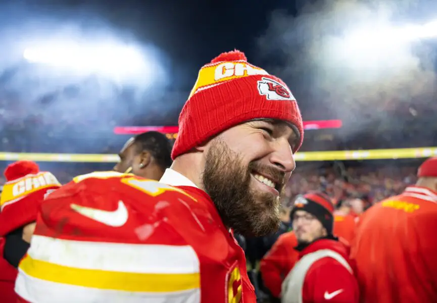 Jan 26, 2025; Kansas City, MO, USA; Kansas City Chiefs tight end Travis Kelce (87) celebrates after defeating the Buffalo Bills during the AFC Championship game at GEHA Field at Arrowhead Stadium. Mandatory Credit: Mark J. Rebilas-Imagn Images