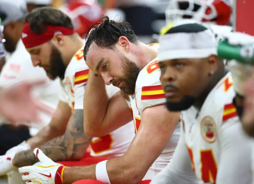 Feb 9, 2025; New Orleans, LA, USA; Kansas City Chiefs tight end Travis Kelce (87) reacts on the sideline in the third quarter against the Philadelphia Eagles in Super Bowl LIX at Ceasars Superdome. Mandatory Credit: Mark J. Rebilas-Imagn Images