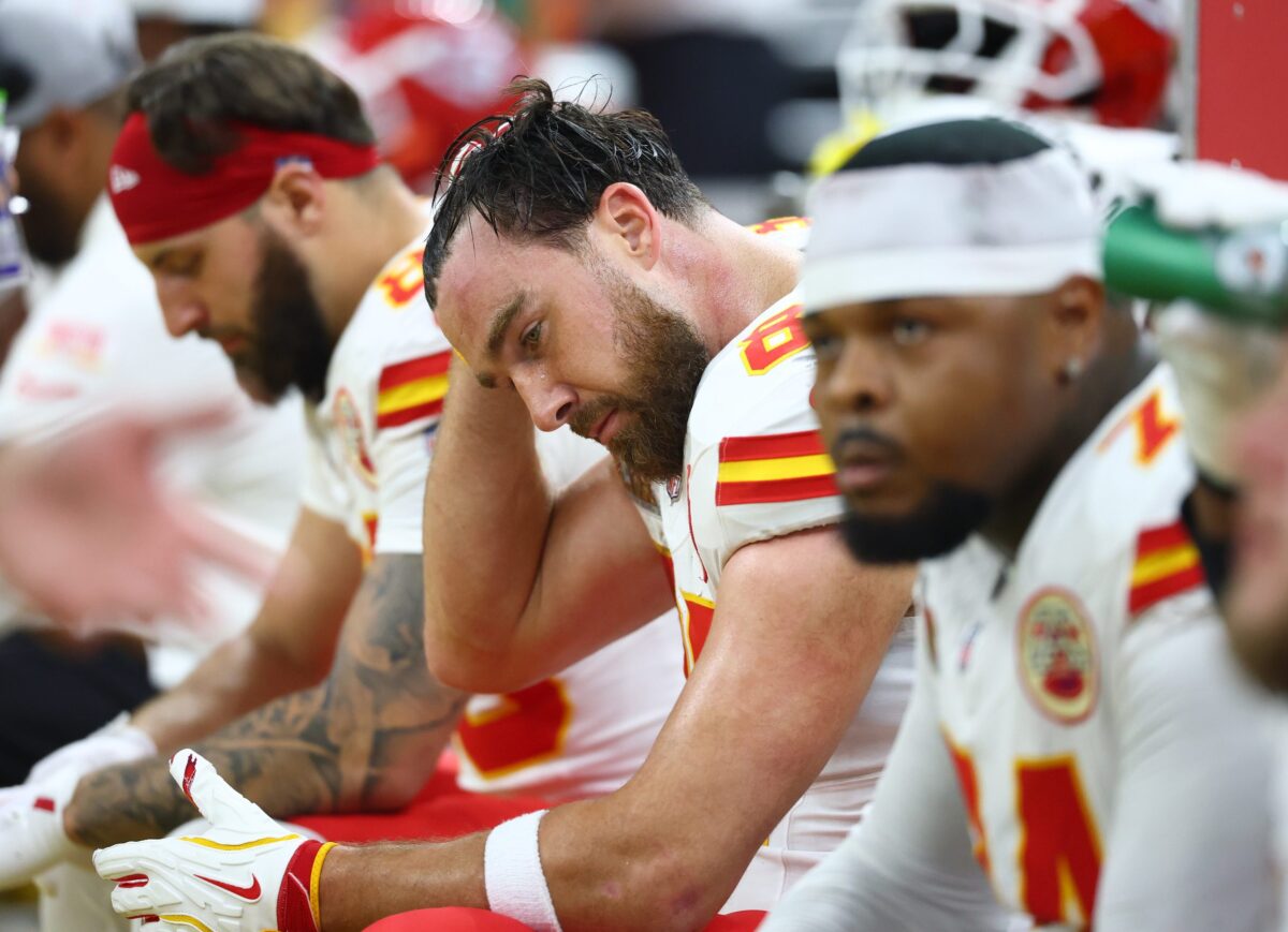 Breaking: Chiefs Fans Blame Taylor Swift Over Travis Kelce's Significant Weight Gain In Leaked Photo 3 Feb 9, 2025; New Orleans, LA, USA; Kansas City Chiefs tight end Travis Kelce (87) reacts on the sideline in the third quarter against the Philadelphia Eagles in Super Bowl LIX at Ceasars Superdome. Mandatory Credit: Mark J. Rebilas-Imagn Images