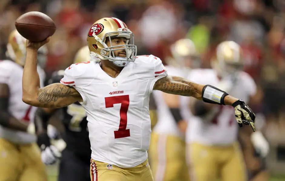 'Colin Kaepernick Day': Former San Francisco 49ers QB Receives Honor From City 3 Nov 9, 2014; New Orleans, LA, USA; San Francisco 49ers quarterback Colin Kaepernick (7) throws the ball against the New Orleans Saints in the second quarter at Mercedes-Benz Superdome. Mandatory Credit: Chuck Cook-Imagn Images