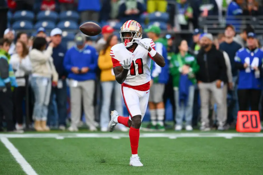 Expert urges 49ers to unleash 5-time Pro Bowler 1 Oct 10, 2024; Seattle, Washington, USA; San Francisco 49ers wide receiver Brandon Aiyuk (11) catches the ball during warmups before the game against the Seattle Seahawks at Lumen Field. Mandatory Credit: Steven Bisig-Imagn Images