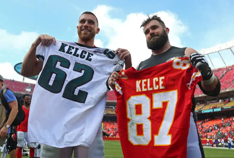 Sep 17, 2017; Kansas City, MO, USA; Kansas City Chiefs tight end Travis Kelce (87) swaps jerseys with Philadelphia Eagles center Jason Kelce (62) after the game at Arrowhead Stadium. Mandatory Credit: Jay Biggerstaff-Imagn Images