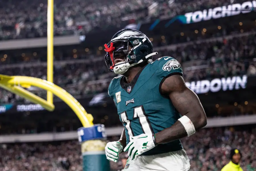 Nov 5, 2023; Philadelphia, Pennsylvania, USA; Philadelphia Eagles wide receiver A.J. Brown (11) reacts after his touchdown catch against the Dallas Cowboys during the third quarter at Lincoln Financial Field. Mandatory Credit: Bill Streicher-Imagn Images