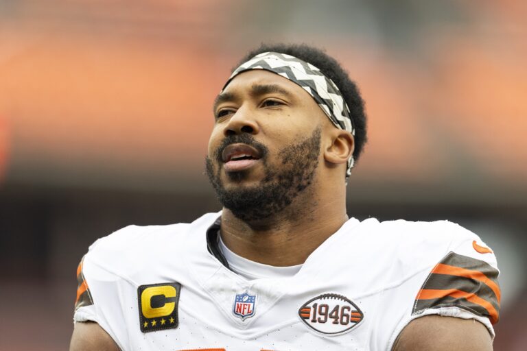 Dec 15, 2024; Cleveland, Ohio, USA; Cleveland Browns defensive end Myles Garrett (95) during warm ups before the game against the Kansas City Chiefs at Huntington Bank Field. Mandatory Credit: Scott Galvin-Imagn Images