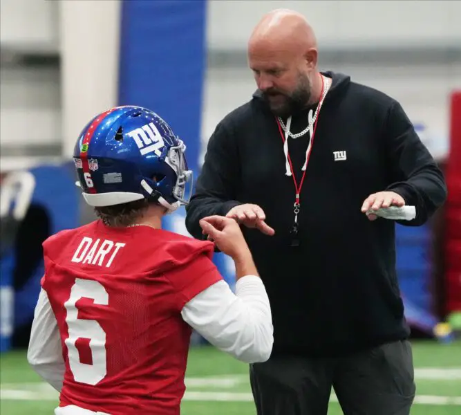 Slo-Mo Video Of New York Giants QB Jaxson Dart's Pass At Rookie Minicamp Turns Heads 1 Jaxson Dart and head coach Brian Daboll talk during warm up drills at Giants Rookie Minicamp.