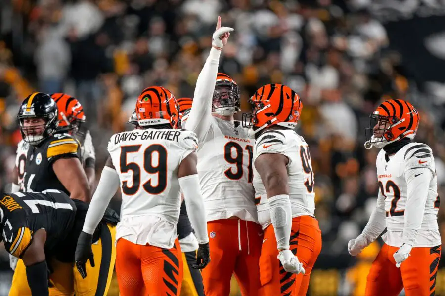Bengals ignite backlash with edge rusher and rookie holding out over contracts 3 Cincinnati Bengals defensive end Trey Hendrickson (91) celebrates after sacking Pittsburgh Steelers quarterback Russell Wilson (3) in the first quarter of the NFL Week 18 game between the Pittsburgh Steelers and the Cincinnati Bengals at Acrisure Stadium in Pittsburgh on Saturday, Jan. 4, 2025.