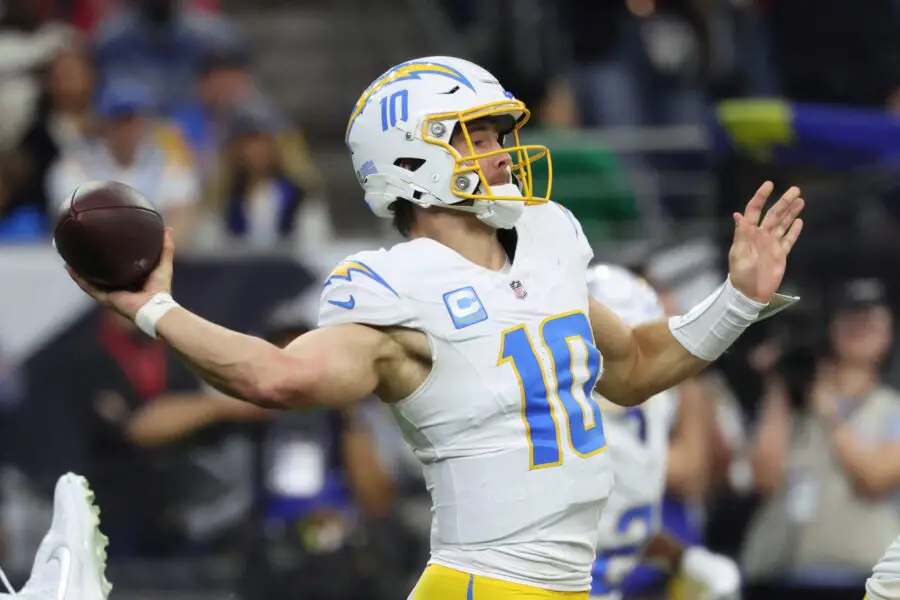 Chargers commit to run game, part ways with Zion Johnson 2 Los Angeles Chargers quarterback Justin Herbert (10) looks to pass during the second quarter against the Houston Texans in an AFC wild card game at NRG Stadium.