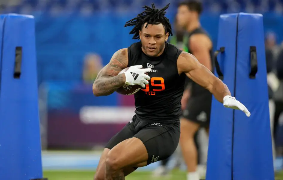 Chargers commit to run game, part ways with Zion Johnson 3 North Carolina running back Omarion Hampton (RB09) during the 2025 NFL Combine at Lucas Oil Stadium.
