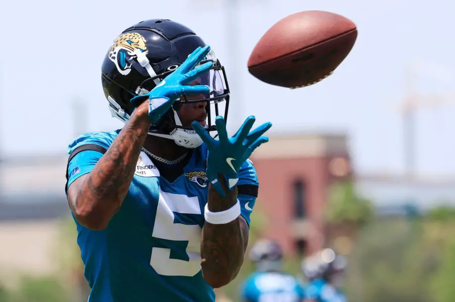 “Jags in the Bahamas”, Jacksonville Jaguars WRs Train Hard for 2025 Season 2 Jacksonville Jaguars wide receiver Dyami Brown (5) hauls in a reception during the first organized team activity at Miller Electric Center Monday, May 19, 2025 in Jacksonville, Fla.