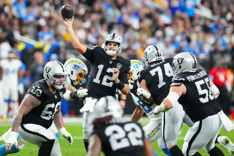 Raiders’ Ashton Jeanty poised for explosive rookie season, analyst predicts 3 Jan 5, 2025; Paradise, Nevada, USA; Las Vegas Raiders quarterback Aidan O'Connell (12) makes a pass attempt against the Los Angeles Chargers during the fourth quarter at Allegiant Stadium.