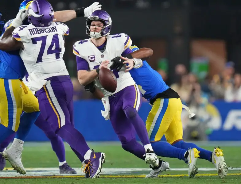 NFL eyes seismic playoff shakeup with radical seeding overhaul 2 Minnesota Vikings quarterback Sam Darnold (14) fumbles the ball while being sacked by Los Angeles Rams cornerback Ahkello Witherspoon (4) during their playoff game at State Farm Stadium on Jan. 13, 2025, in Glendale.