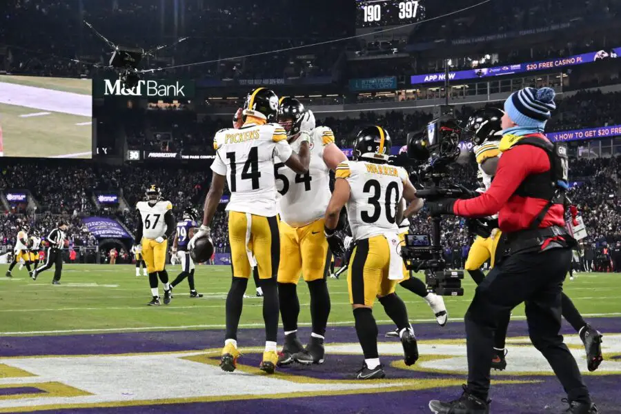 Steelers edge rusher fired up by Aaron Rodgers’ potential arrival 3 Jan 11, 2025; Baltimore, Maryland, USA; Pittsburgh Steelers wide receiver George Pickens (14) celebrates with center Zach Frazier (54) after scoring a touchdown against the Baltimore Ravens in the third quarter in an AFC wild card game at M&T Bank Stadium.
