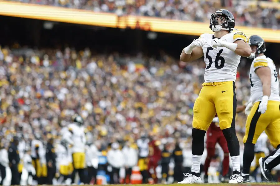 Steelers edge rusher fired up by Aaron Rodgers’ potential arrival 1 Nov 10, 2024; Landover, Maryland, USA; Pittsburgh Steelers linebacker Alex Highsmith (56) celebrates after a sack against the Washington Commanders during the first half at Northwest Stadium.