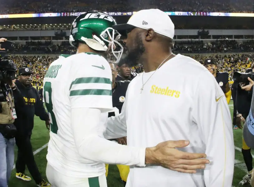 Steelers edge rusher fired up by Aaron Rodgers’ potential arrival 2 Oct 20, 2024; Pittsburgh, Pennsylvania, USA; New York Jets quarterback Aaron Rodgers (8) and Pittsburgh Steelers head coach Mike Tomlin (right) greet each other after their game at Acrisure Stadium.