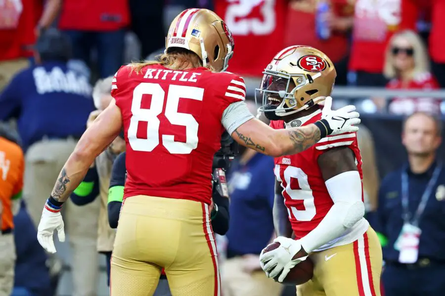 George Kittle sends emotional message to Deebo Samuel after trade 2 Dec 17, 2023; Glendale, Arizona, USA; San Francisco 49ers wide receiver Deebo Samuel (19) celebrates with San Francisco 49ers tight end George Kittle (85) after scoring a touchdown during the first quarter against the Arizona Cardinals at State Farm Stadium. Mandatory Credit: Mark J. Rebilas-Imagn Images