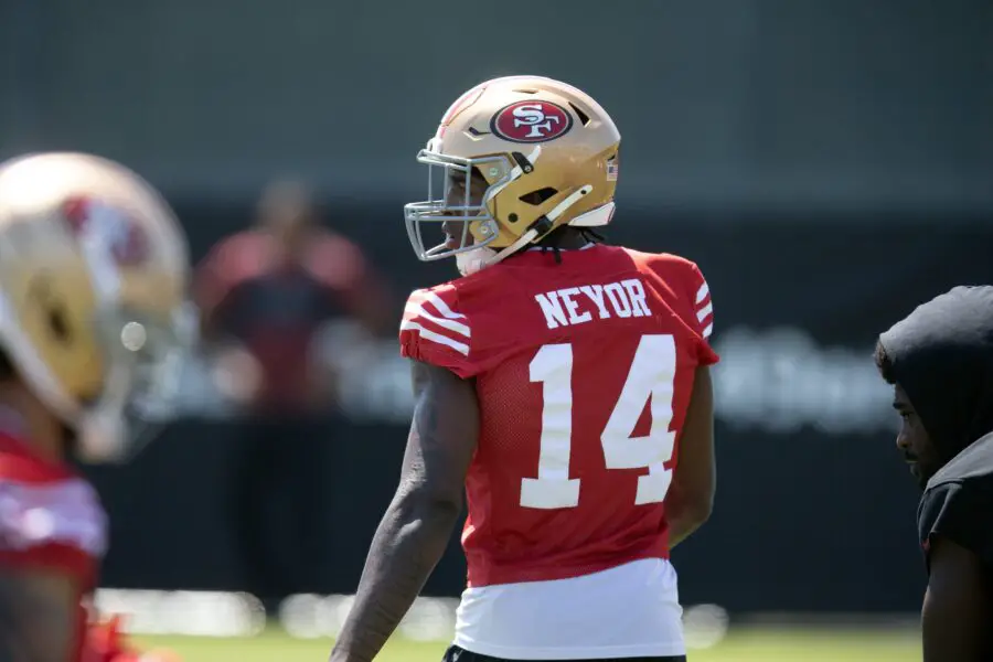 George Kittle raves over 49ers rookie ‘freak’ 2 Jun 10, 2025; Santa Clara, CA, USA; San Francisco 49ers wide receiver Isaiah Neyor (14) awaits his turn in passing drills during an OTA at Levi's Stadium. Mandatory Credit: D. Ross Cameron-Imagn Images