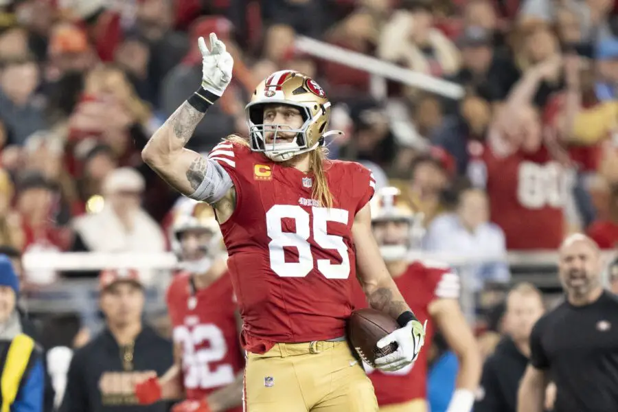 49ers' George Kittle ignites tight end revolution 1 December 30, 2024; Santa Clara, California, USA; San Francisco 49ers tight end George Kittle (85) celebrates a first down against the Detroit Lions during the fourth quarter at Levi's Stadium. Mandatory Credit: Kyle Terada-Imagn Images