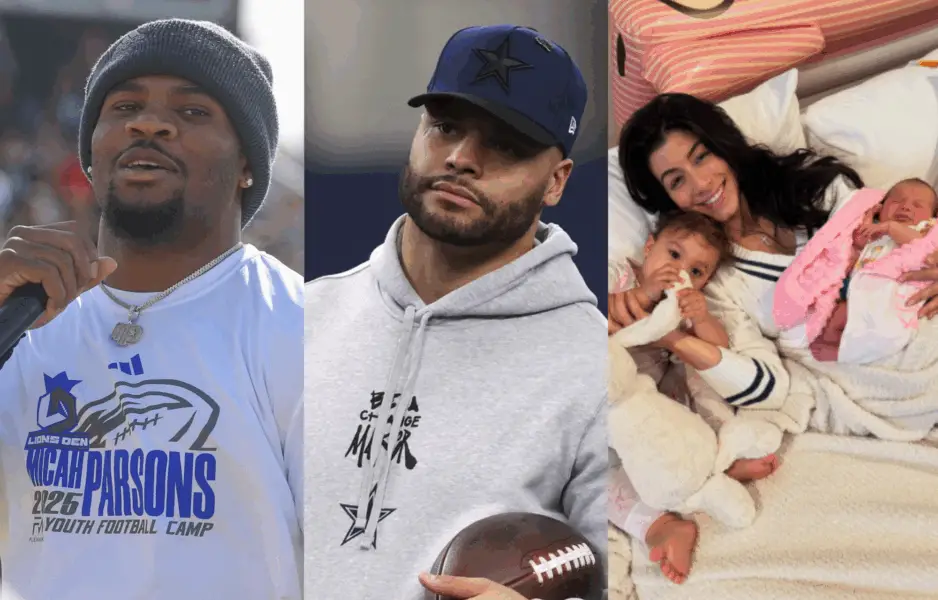 Dallas Cowboys Micah Parsons, Dak Prescott, and Dak Prescott's wife with kids. Photo credits: Instagram and Imagn
